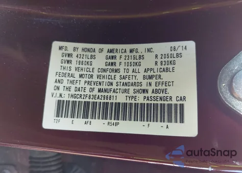2014 Honda Accord Ex-L from USA, damaged, VIN 1HGCR2F83EA296811
